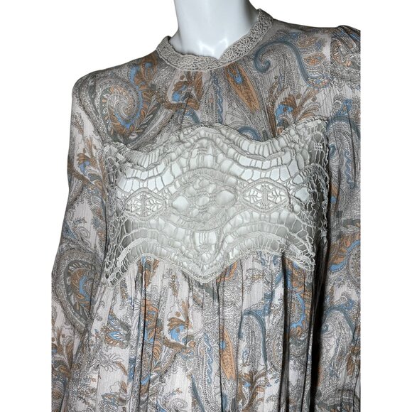 Free People M Lace & Paisley Long Sleeve Mini Dress Boho Summer Festival Medium - Picture 12 of 15
